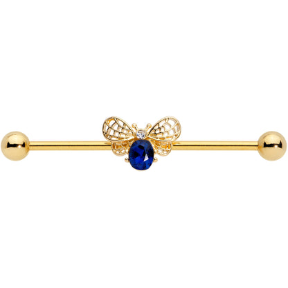 14G Blue Gem Gold Tone Beautiful Bee Industrial Barbell 38mm
