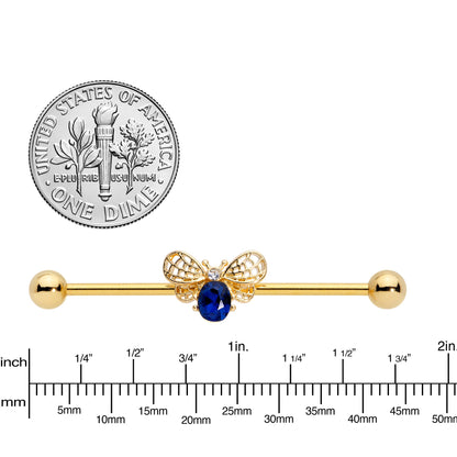 14G Blue Gem Gold Tone Beautiful Bee Industrial Barbell 38mm