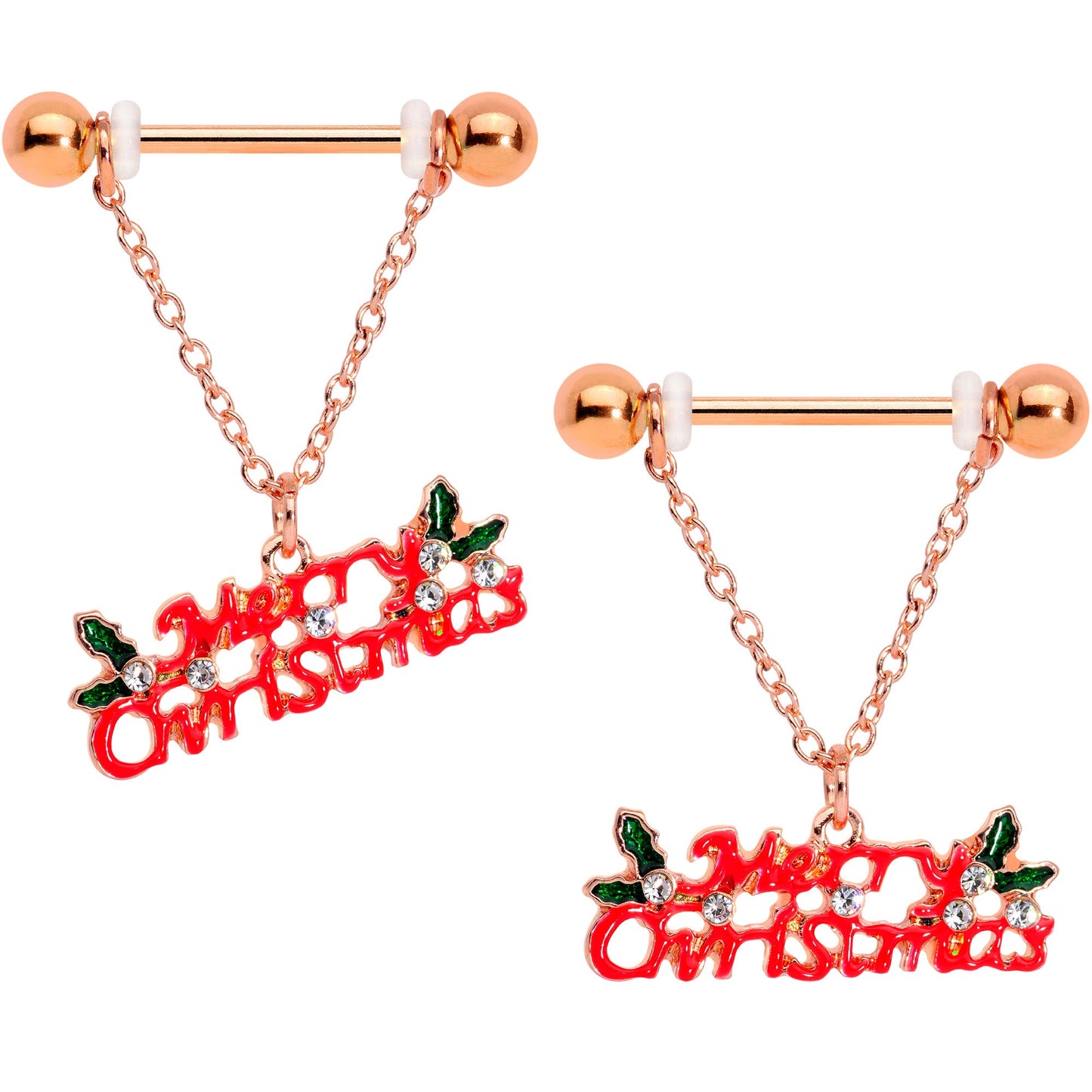 14G 11/16 Clear Gem Rose Gold Hue Merry Christmas Nipple Ring Set