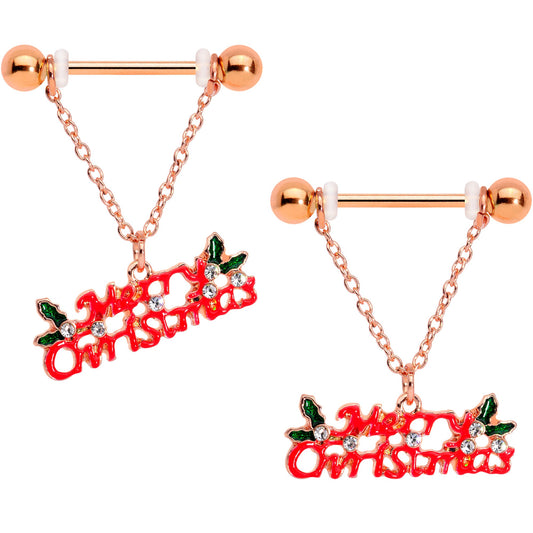 14G 11/16 Clear Gem Rose Gold Hue Merry Christmas Nipple Ring Set