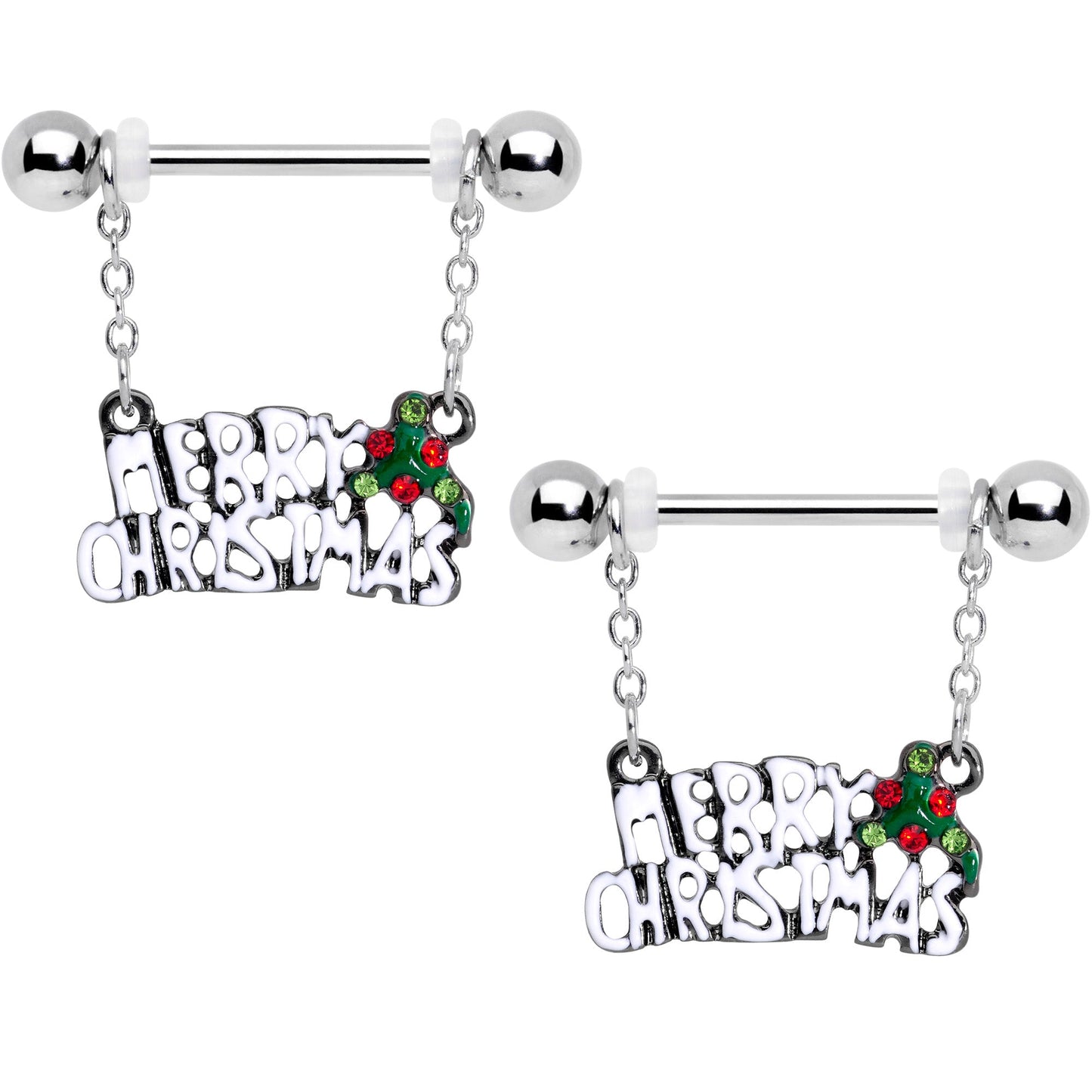 14G 11/16 Red Gem Merry Christmas Dangle Nipple Ring Set