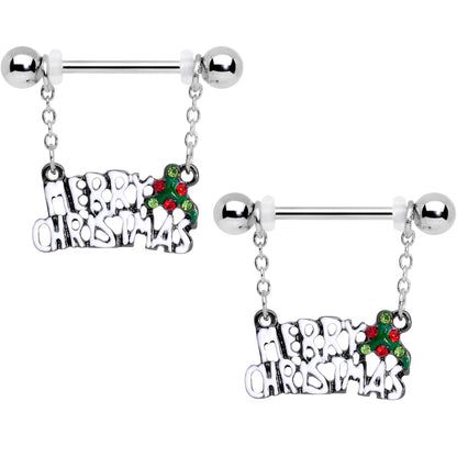14G 11/16 Red Gem Merry Christmas Dangle Nipple Ring Set