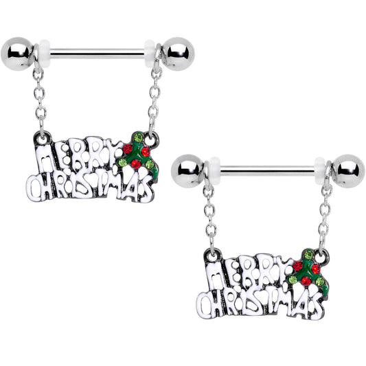 14G 11/16 Red Gem Merry Christmas Dangle Nipple Ring Set