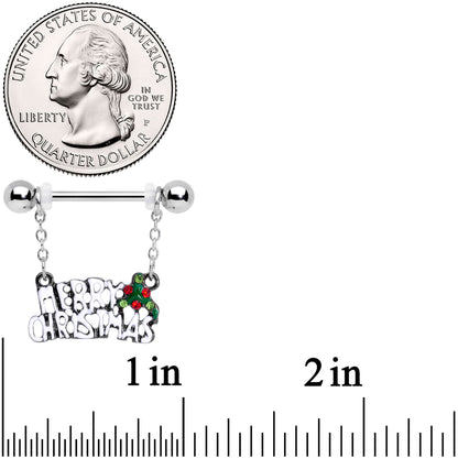 14G 11/16 Red Gem Merry Christmas Dangle Nipple Ring Set