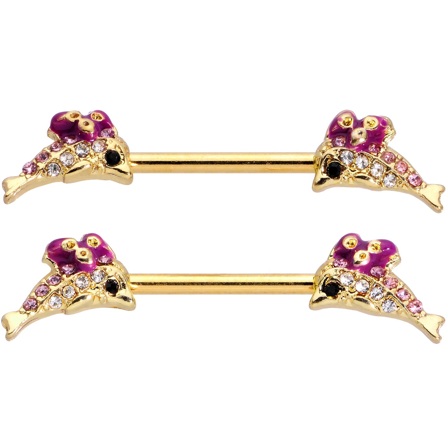 14G 9/16 Clear Purple Gem Gold Hue Dainty Dolphin Nipple Ring Set