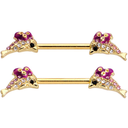 14G 9/16 Clear Purple Gem Gold Hue Dainty Dolphin Nipple Ring Set