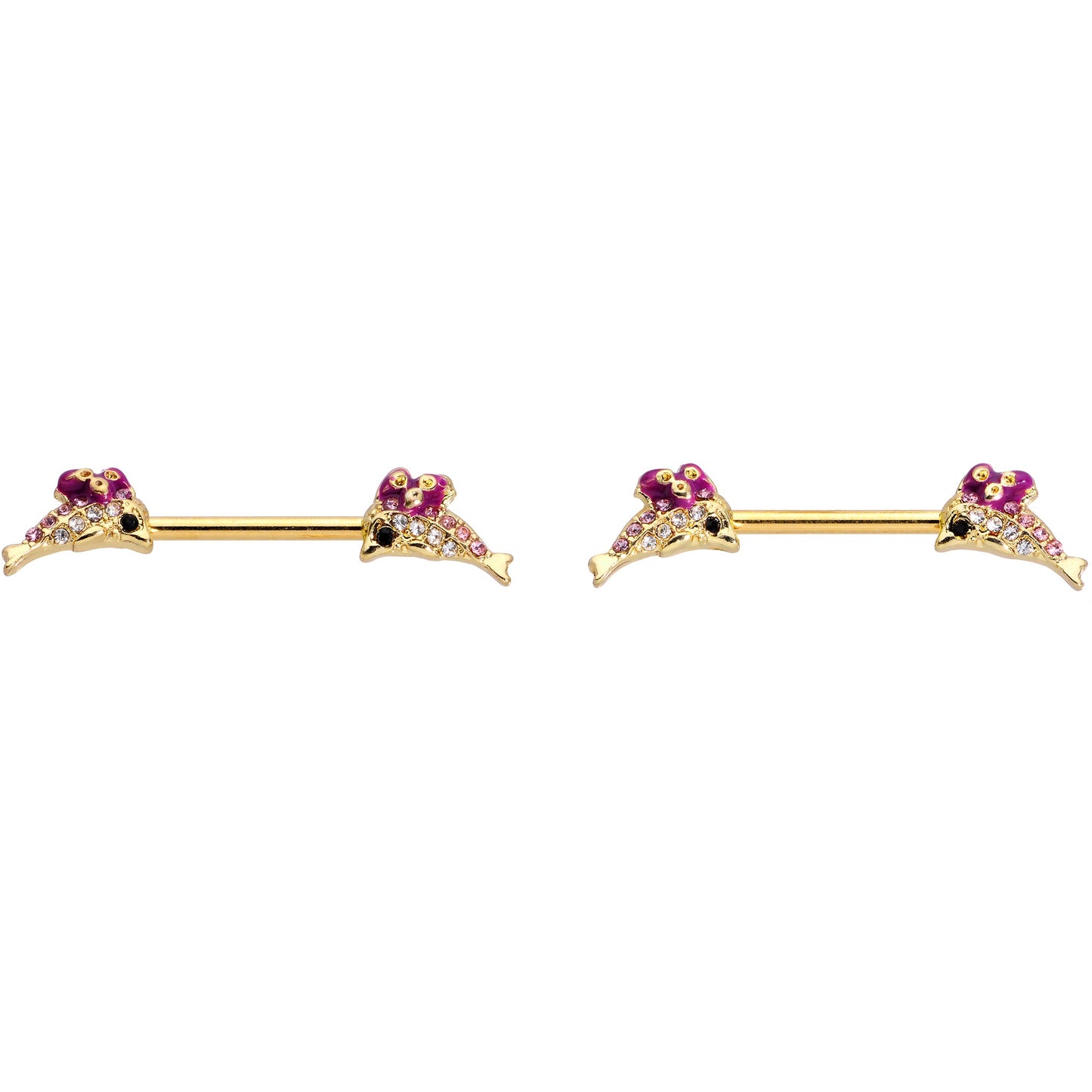 14G 9/16 Clear Purple Gem Gold Hue Dainty Dolphin Nipple Ring Set