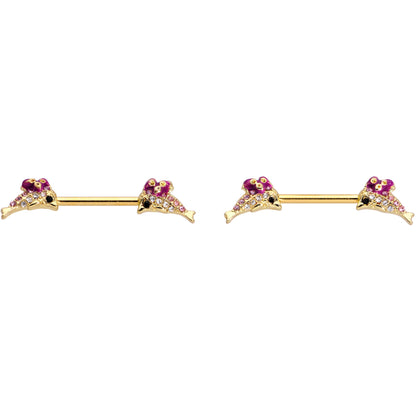 14G 9/16 Clear Purple Gem Gold Hue Dainty Dolphin Nipple Ring Set
