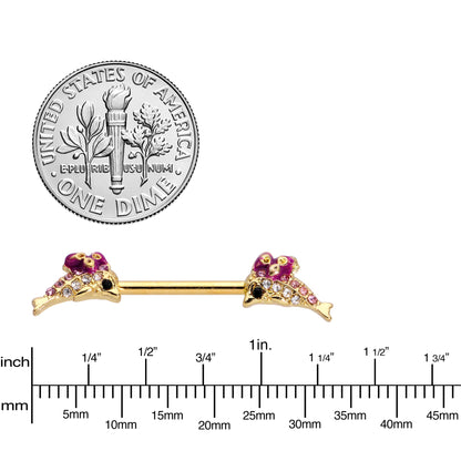 14G 9/16 Clear Purple Gem Gold Hue Dainty Dolphin Nipple Ring Set