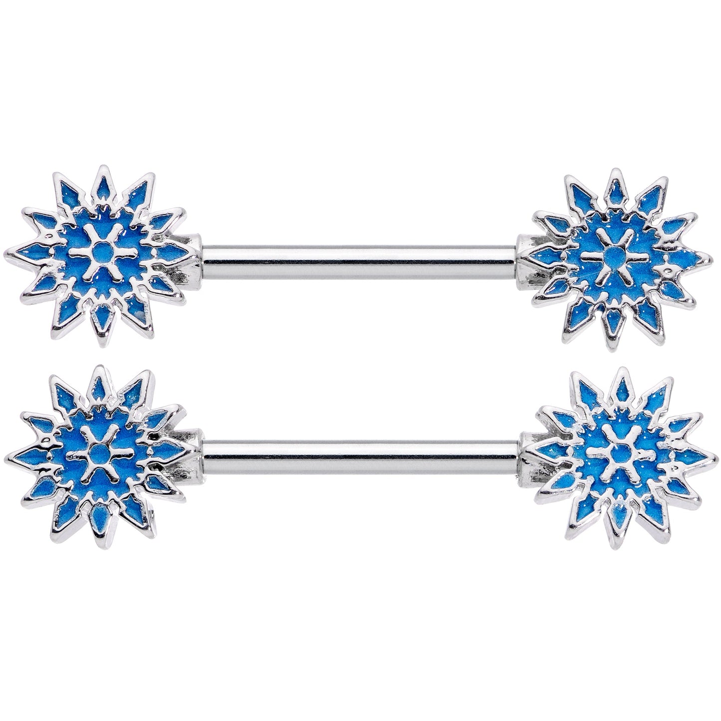 14G 9/16 Blue Winter Snowflake Christmas Barbell Nipple Ring Set
