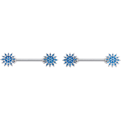 14G 9/16 Blue Winter Snowflake Christmas Barbell Nipple Ring Set