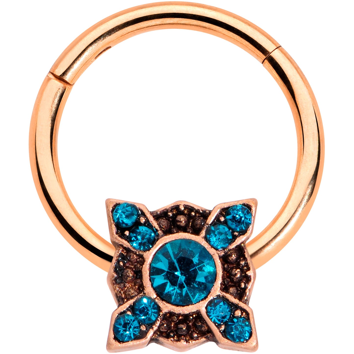 16G 3/8 Aqua Gem Rose Gold Tone Renaissance Hinged Segment Ring