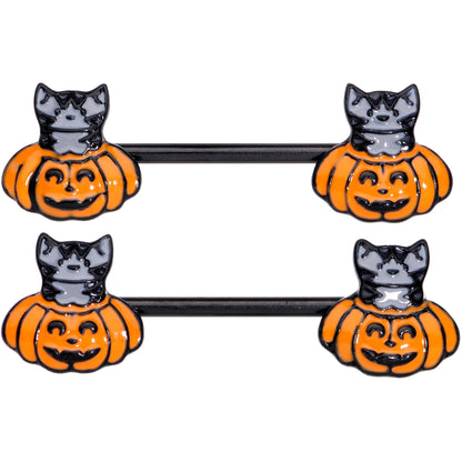 14G 9/16 Black Cat Surprise Pumpkin Halloween Nipple Ring Set