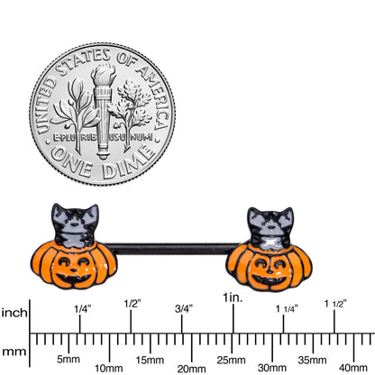 14G 9/16 Black Cat Surprise Pumpkin Halloween Nipple Ring Set