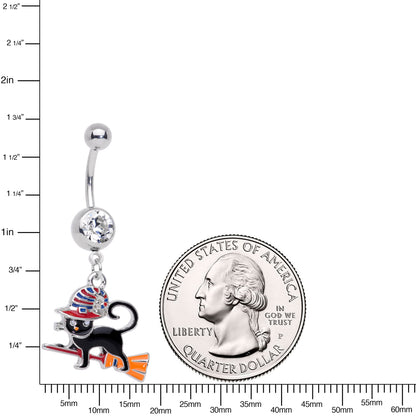 Clear Gem Witch Cat Broom Halloween Dangle Belly Ring