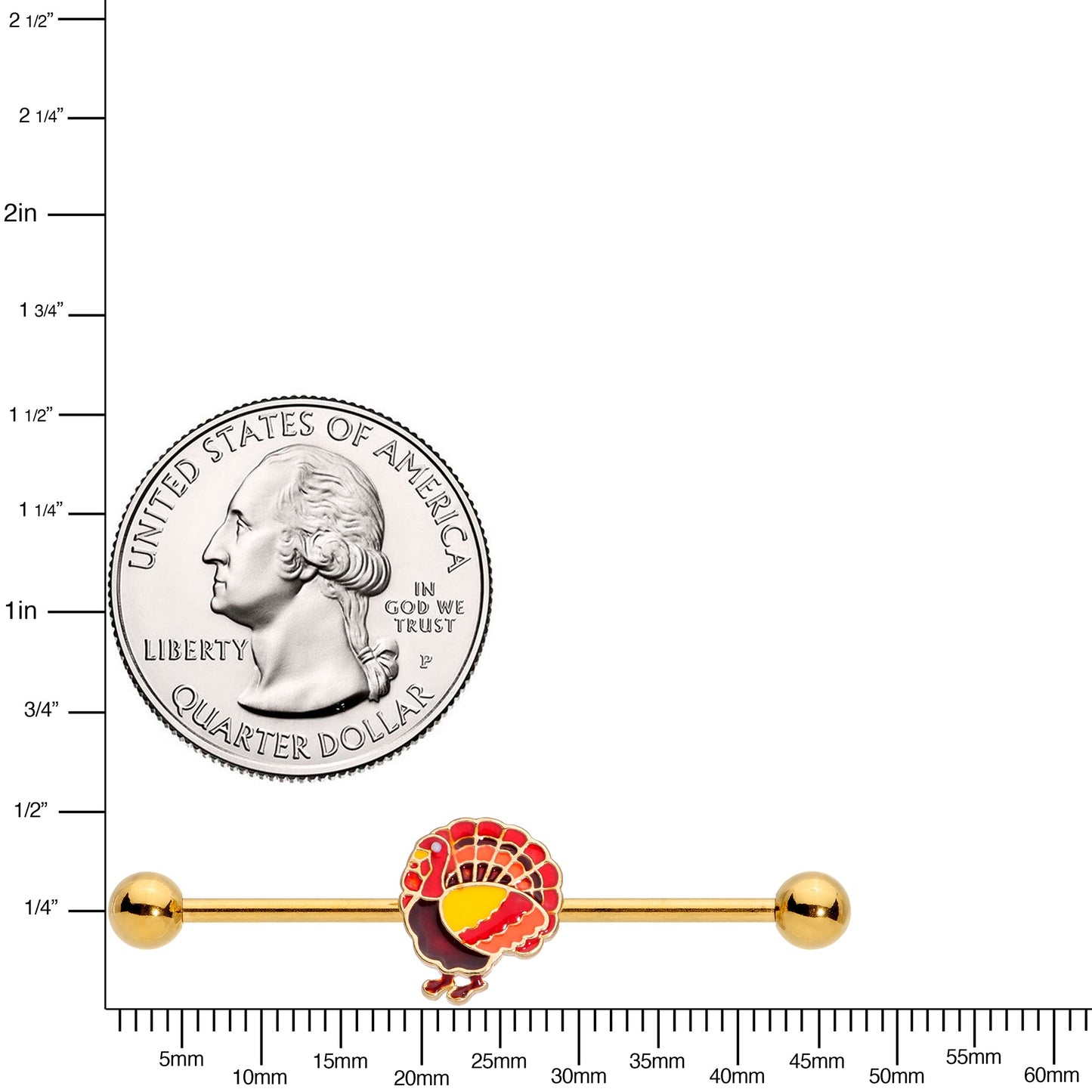 14G Gold Tone Turkey Thanksgiving Industrial Barbell 38mm