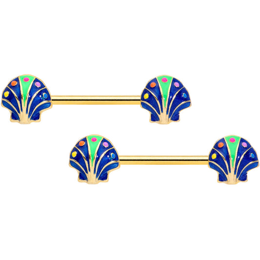 14G 9/16 Gold Tone Blue Shells Barbell Nipple Ring Set