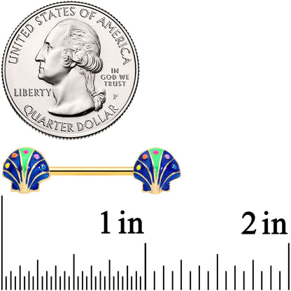 14G 9/16 Gold Tone Blue Shells Barbell Nipple Ring Set