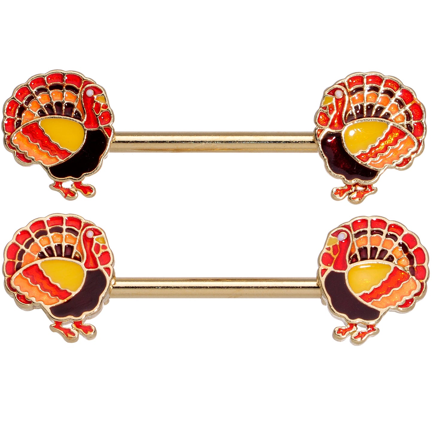 14G 9/16 Gold Tone Turkey Thanksgiving Barbell Nipple Rings