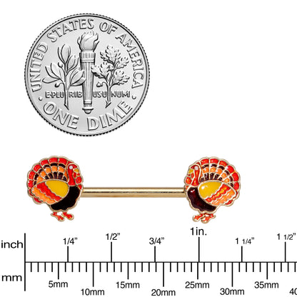 14G 9/16 Gold Tone Turkey Thanksgiving Barbell Nipple Rings