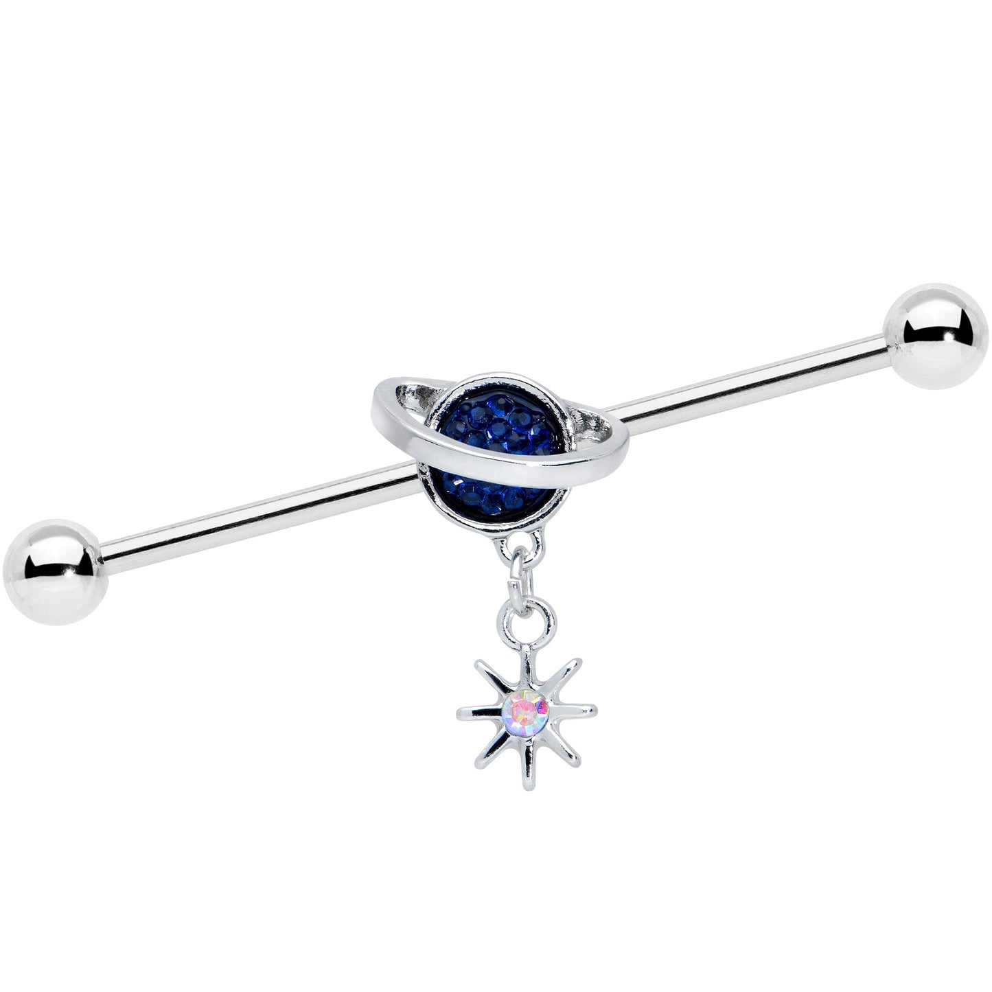 14G Aurora Blue Gem Saturn Star Dangle Industrial Barbell 38mm