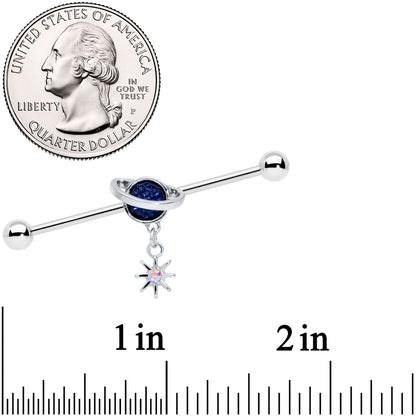 14G Aurora Blue Gem Saturn Star Dangle Industrial Barbell 38mm