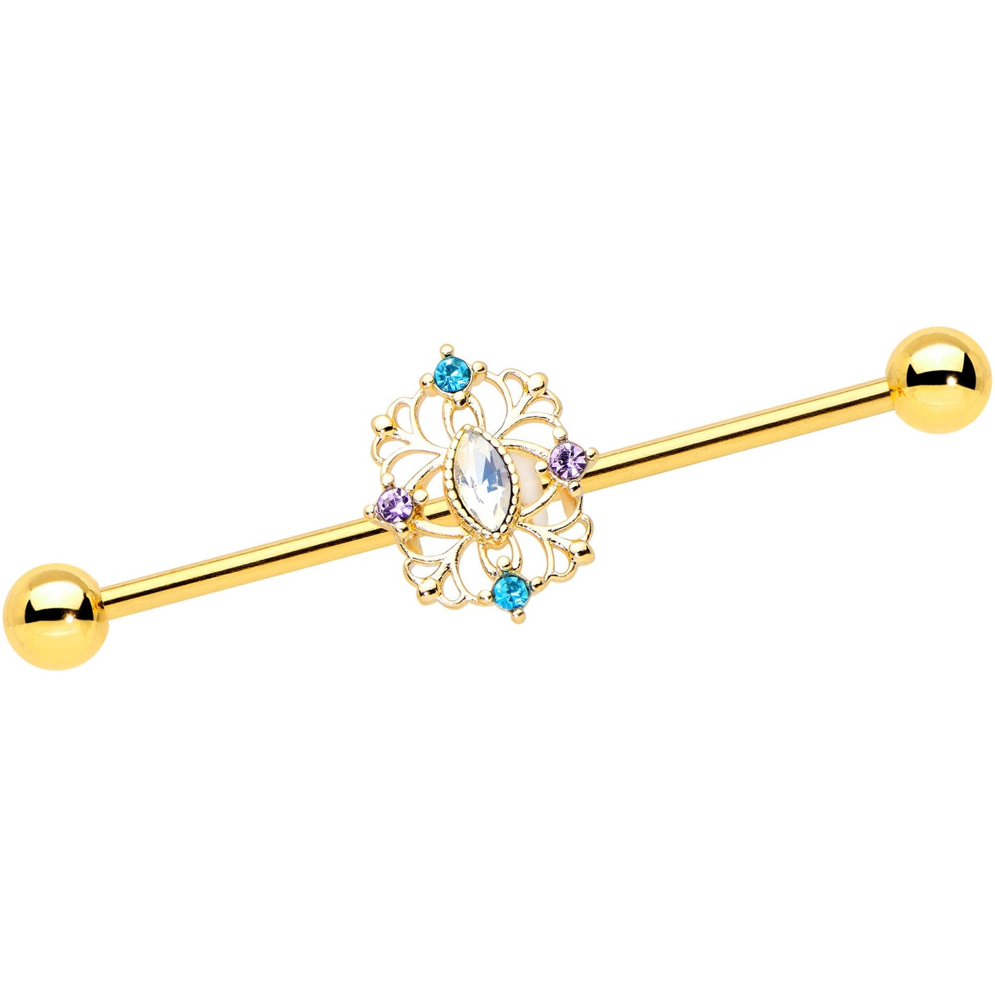 14G White Synthetic Opal Gold Tone Web Industrial Barbell 38mm