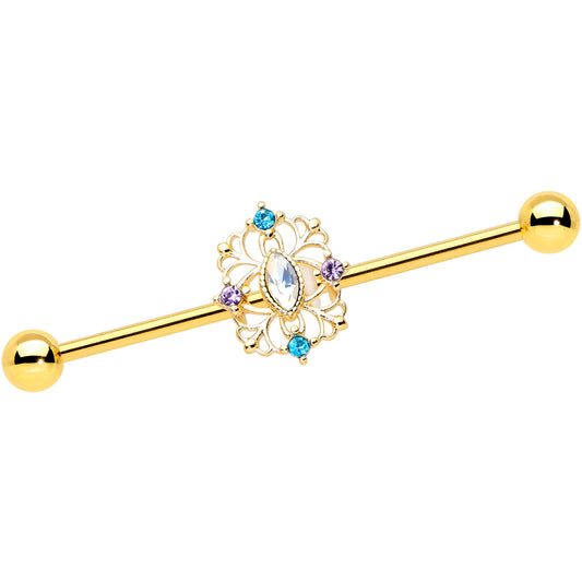 14G White Synthetic Opal Gold Tone Web Industrial Barbell 38mm