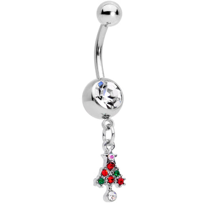 Clear Red Green Gem Christmas Tree Holiday Dangle Belly Ring