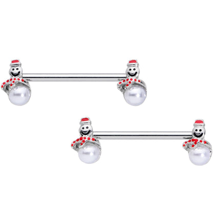 14G 5/8 Pearlescent Orb Snowman Christmas Barbell Nipple Ring Set