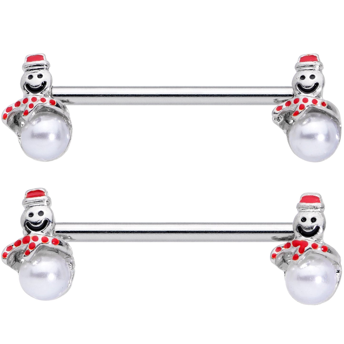 14G 5/8 Pearlescent Orb Snowman Christmas Barbell Nipple Ring Set