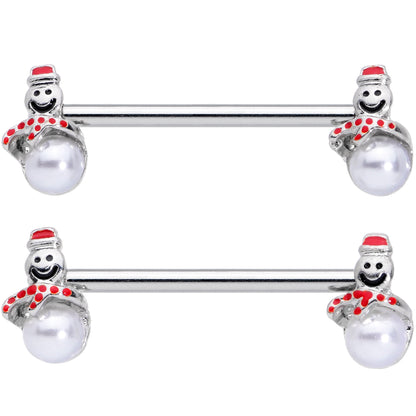 14G 5/8 Pearlescent Orb Snowman Christmas Barbell Nipple Ring Set
