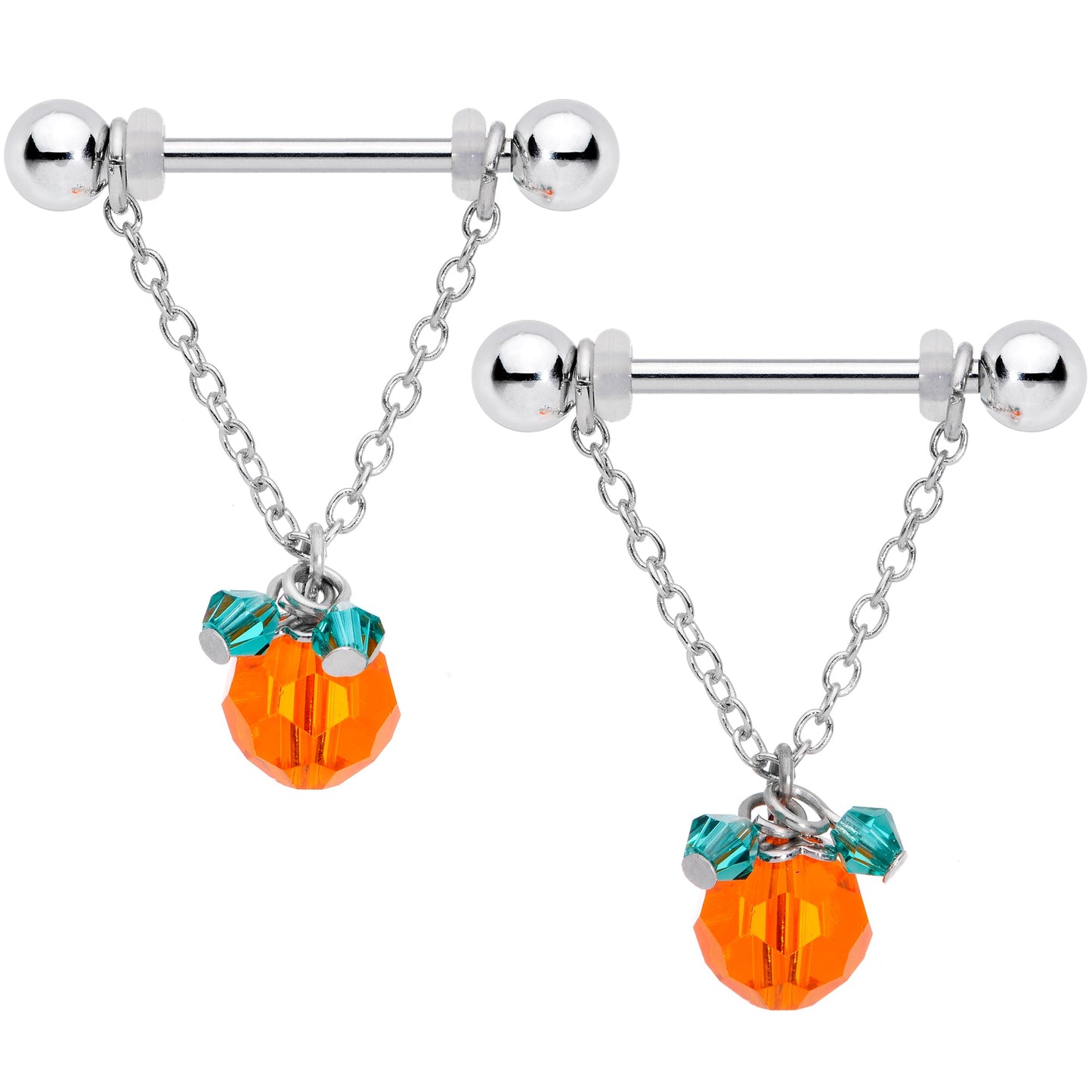 14G 5/8 Green Orange Gem Pumpkin Halloween Dangle Nipple Ring Set