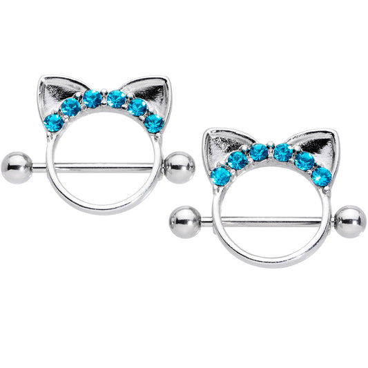 14G 9/16 Aqua Gem Kitty Cat Ears Nipple Shield Set