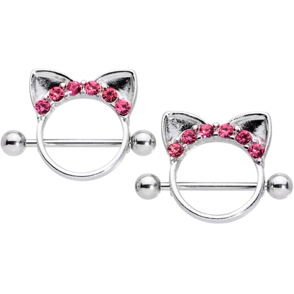 14G 9/16 Pink Gem Kitty Cat Ears Nipple Shield Set
