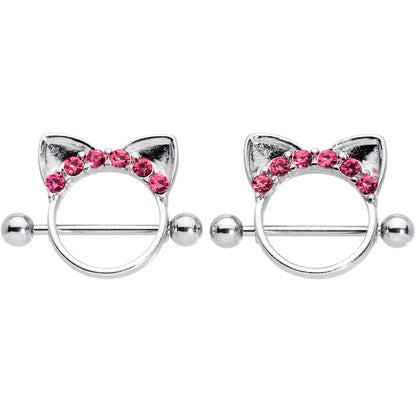14G 9/16 Pink Gem Kitty Cat Ears Nipple Shield Set