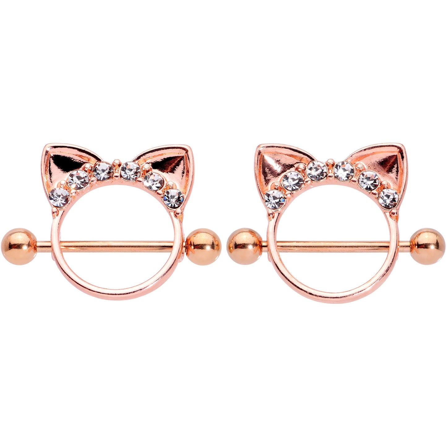 14G 9/16 Clear Gem Rose Gold Hue Kitty Cat Ears Nipple Shield Set