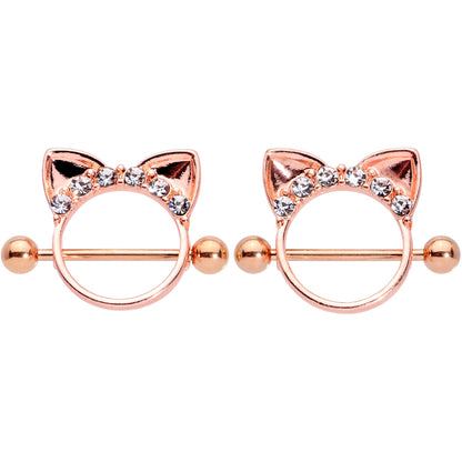 14G 9/16 Clear Gem Rose Gold Hue Kitty Cat Ears Nipple Shield Set
