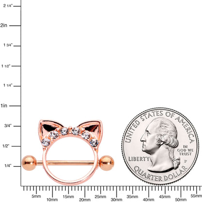 14G 9/16 Clear Gem Rose Gold Hue Kitty Cat Ears Nipple Shield Set