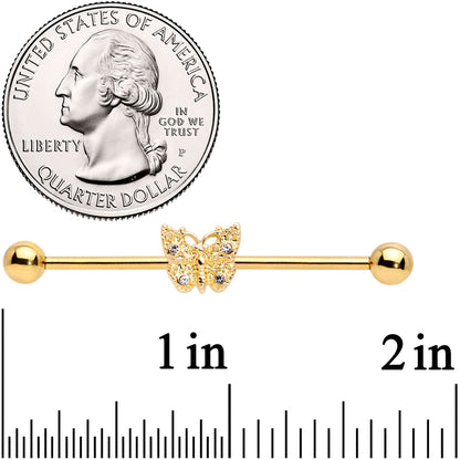 14G Clear Gem Gold Tone Butterfly Industrial Barbell 38mm