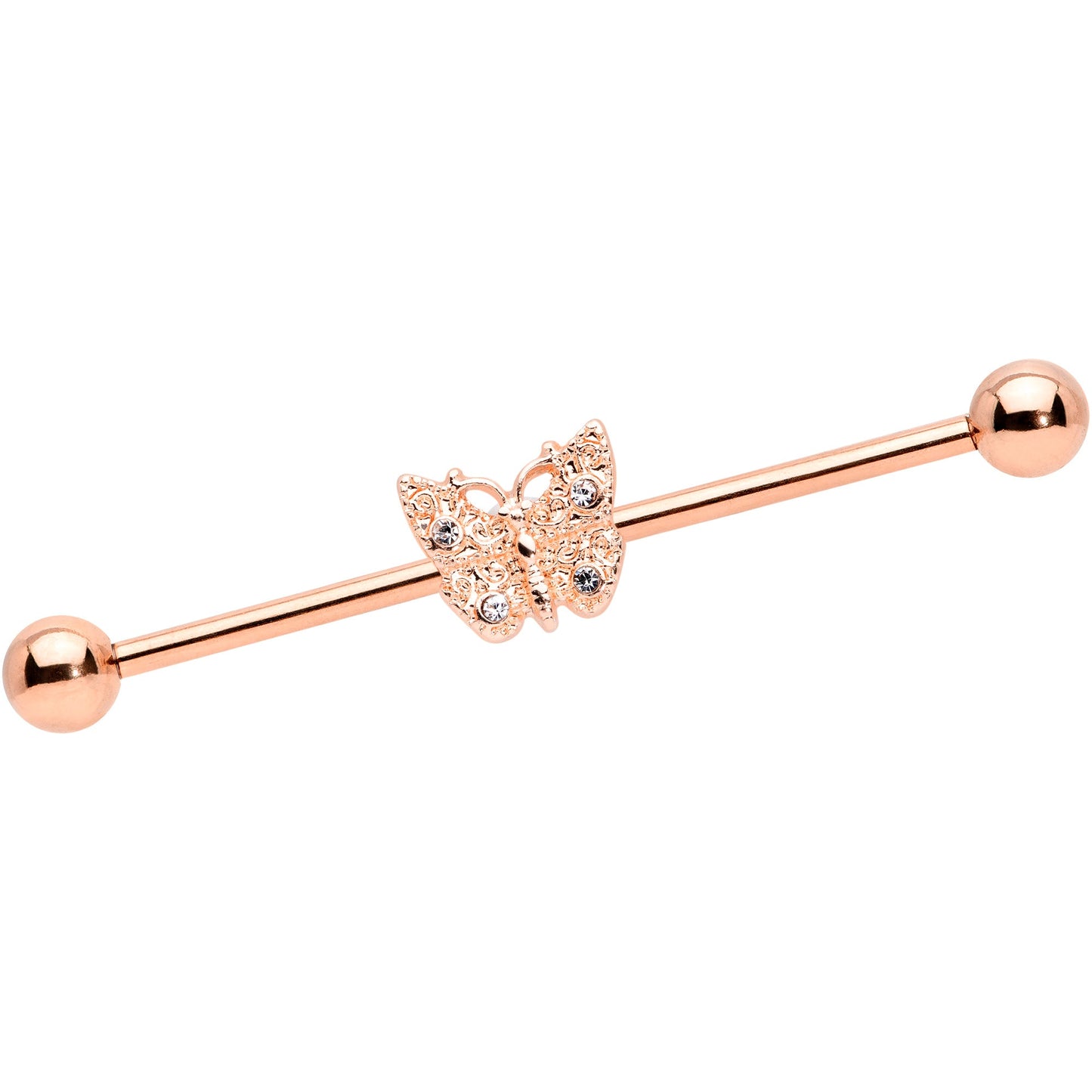 14G Clear Gem Rose Gold Tone Butterfly Industrial Barbell 38mm