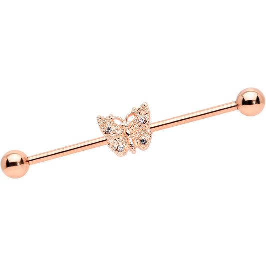 14G Clear Gem Rose Gold Tone Butterfly Industrial Barbell 38mm