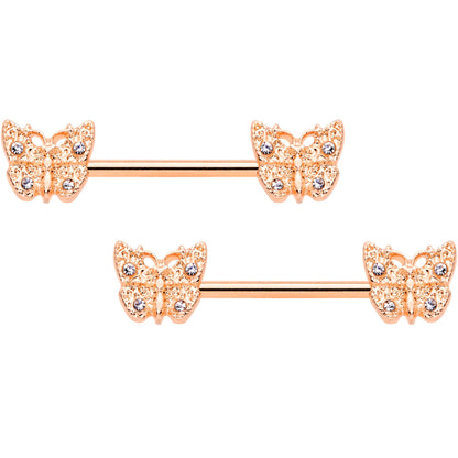 14G 9/16 Clear Gem Rose Gold Tone Butterfly Nipple Ring Set