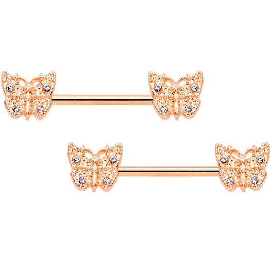 14G 9/16 Clear Gem Rose Gold Tone Butterfly Nipple Ring Set