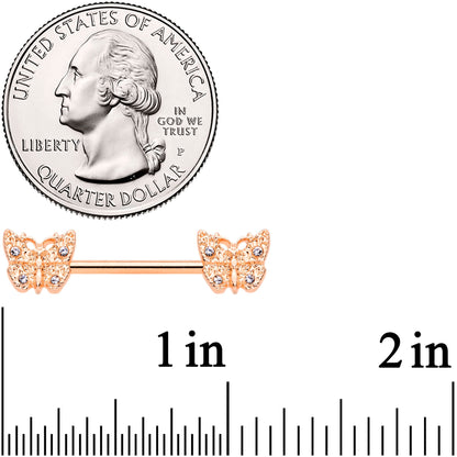 14G 9/16 Clear Gem Rose Gold Tone Butterfly Nipple Ring Set