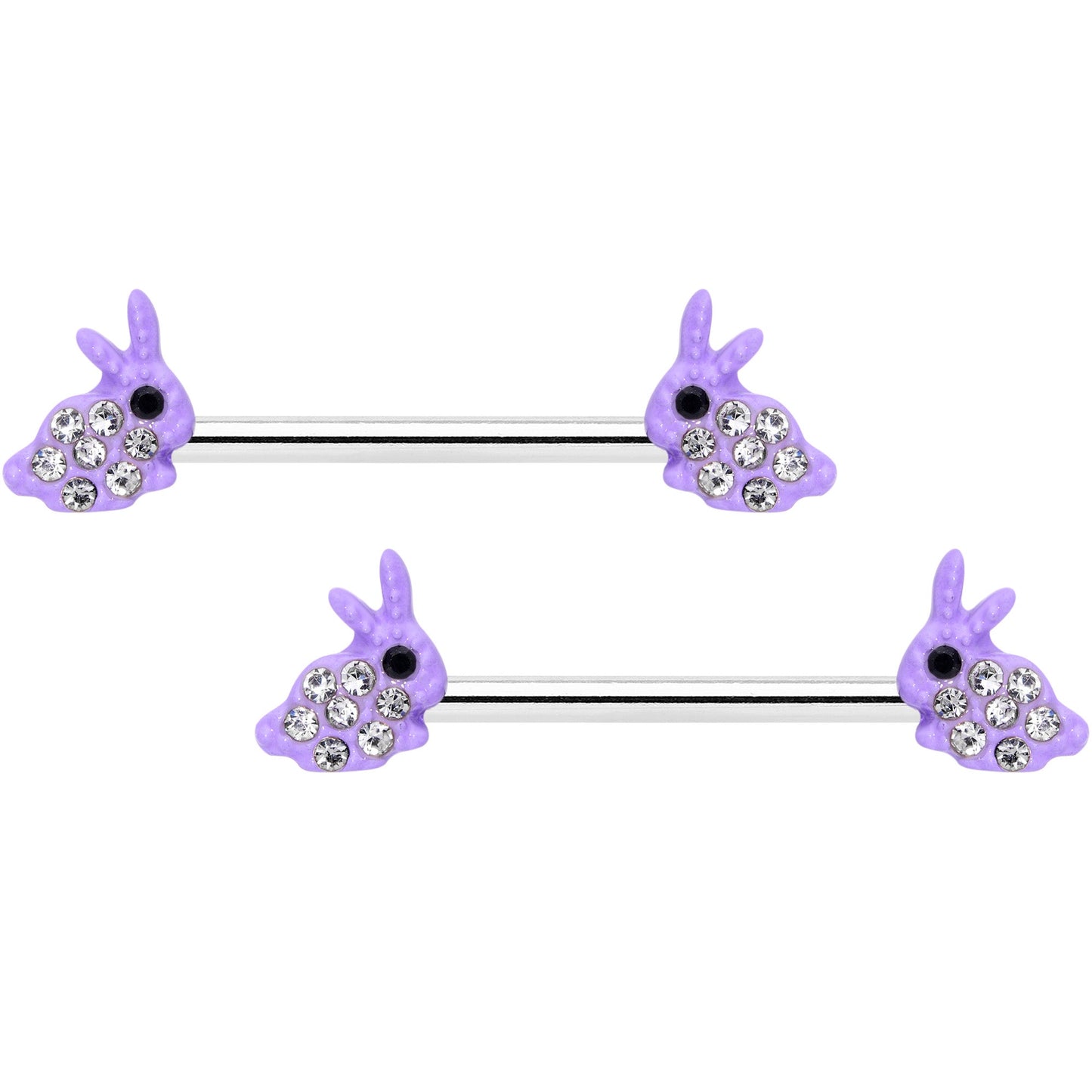14G 9/16 Clear Gem Purple Easter Bunny Barbell Nipple Ring Set