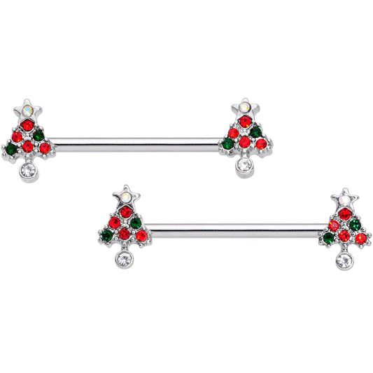 14G 11/16 Clear Red Green Gem Christmas Tree Nipple Ring Set