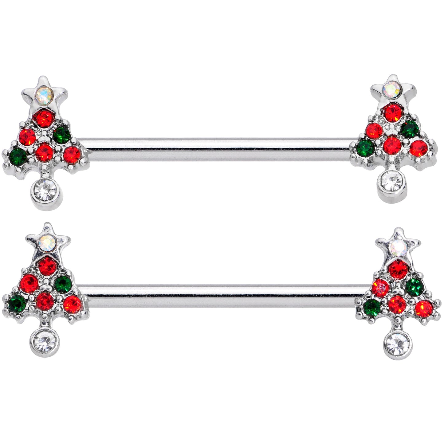 14G 11/16 Clear Red Green Gem Christmas Tree Nipple Ring Set