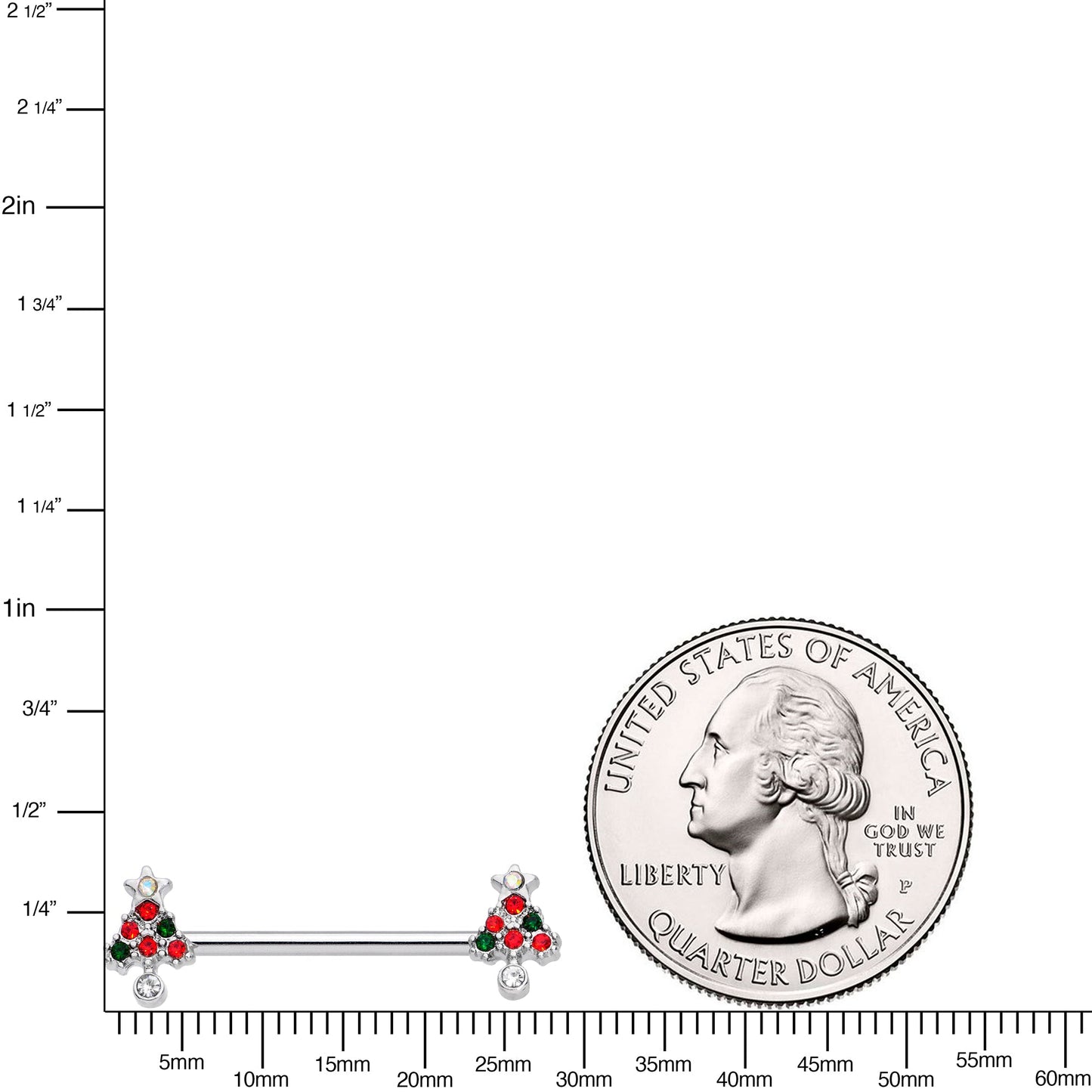 14G 11/16 Clear Red Green Gem Christmas Tree Nipple Ring Set