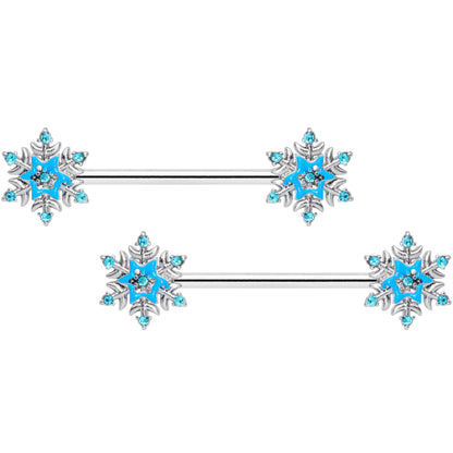 14G 5/8 Aqua Gem Winter Snowflake Christmas Nipple Ring Set